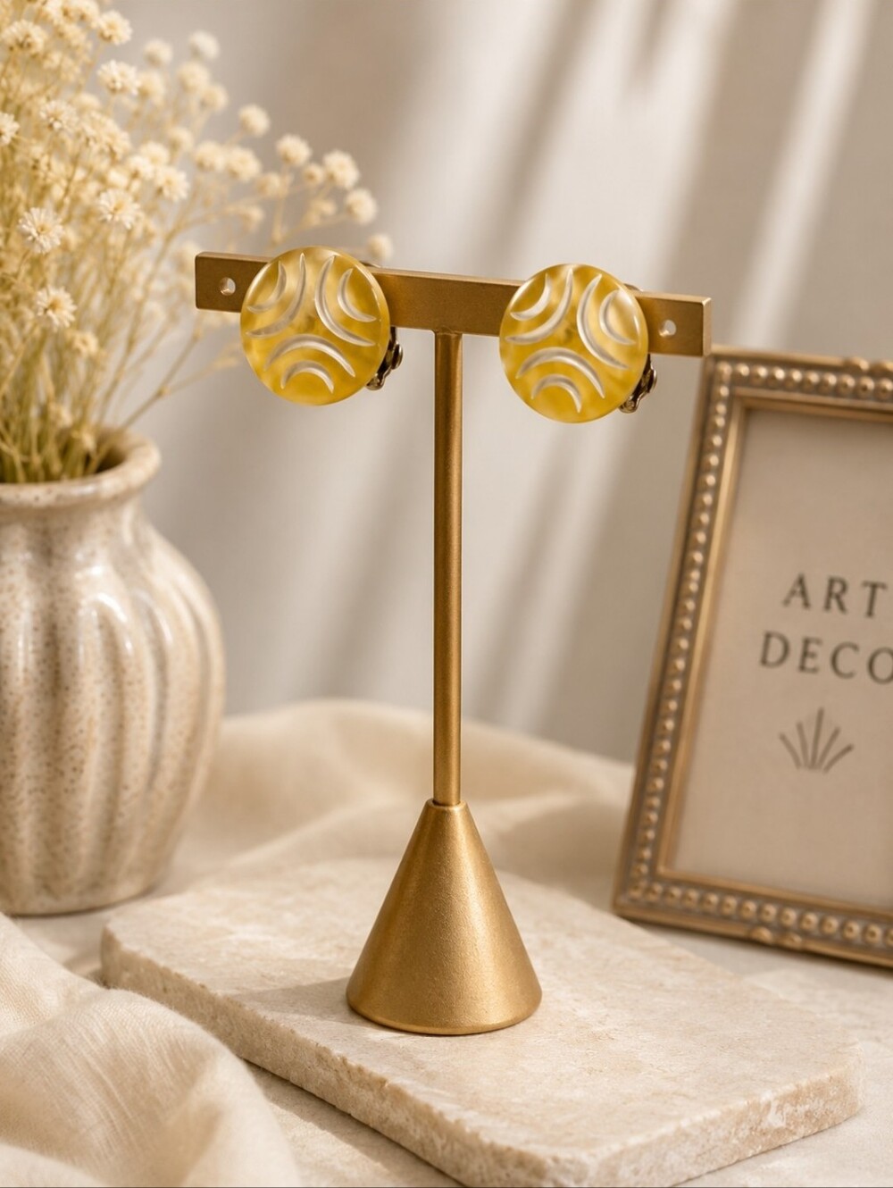 Yellow Lucite Clip-On Earrings with Art Deco Cutouts